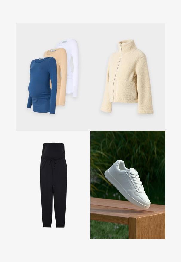 Jaqueta de fleece creme com gola alta, fecho frontal e dois bolsos de patch. Apresenta uma superfície suave e texturada e mangas largas.; Três blusas de maternidade de manga longa em azul, bege e branco. Feitas de um tecido suave com um design ajustado e franzidos laterais para conforto.; Calças de maternidade pretas feitas de tecido suave, com um cós elástico, fecho por cordão e punhos ajustados nos tornozelos.; Sapatilha branca com um cabedal sintético liso, caixa dos dedos perfurada, atacadores planos e uma sola texturizada, exposta sobre uma superfície de madeira.