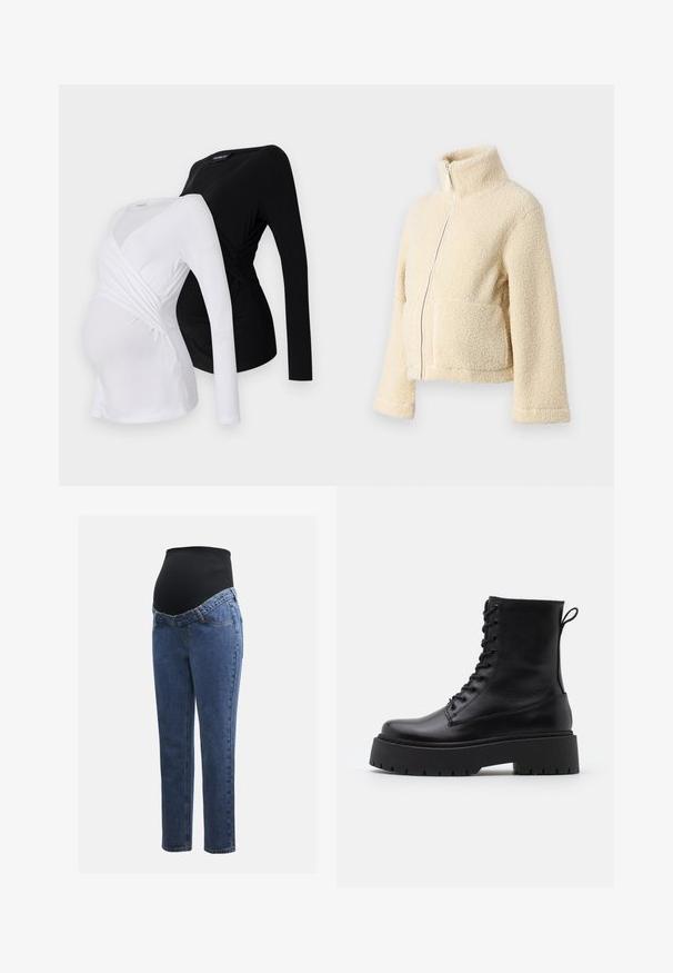 Krēms krāsas vilnas jaka ar augstu apkakli, priekšējo rāvējslēdzēju un divām kabatām. Tai ir mīksta, tekstūra virsma un plašas piedurknes.; Divi garām piedurknēm paredzēti grūtniecības topi baltā un melnā krāsā. Iespējas: pārklāšanas dizains, mīksts audums un izliekta apakšmalda ērtai valkāšanai.; Māmiņu džinsi ar zilu denima kājām un melnu elastīgu vēdera paneli, kas izstrādāts, lai atbalstītu un nosegtu augošu vēderu.; Melni ādas potītēm zābaki ar apļveida purngalu, auklām priekšpusē un biezu gumijas zoli ar teksturētu protektoru. Velkšanas cilpa aizmugurē.