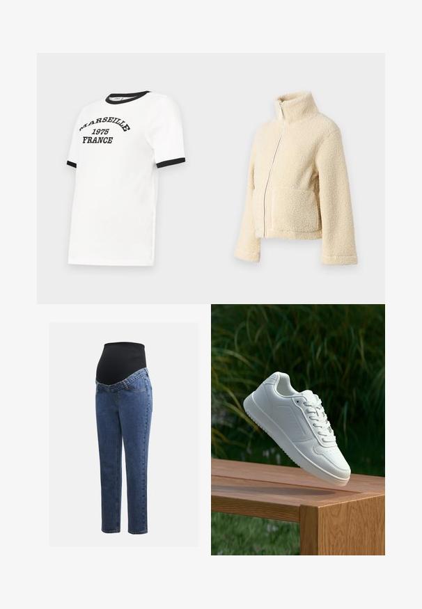 Kremfarget fleecejakke med høy krage, glidelås foran og to klaffelommer. Har en myk, teksturert overflate og vide ermer.; Hvitt t-skjorte med svarte ringer i halsen og på ermer, med teksten "MARSEILLE 1975 FRANKRIKE" i en buet svart skrift.; Graviditetsjeans med ben i blå denim og et svart elastisk magepanel designet for å støtte og dekke en voksende buk.; Hvite sneakers med en glatt syntetisk overdel, perforert tåboks, flate snørebånd og en teksturert såle, vist på en treflate.