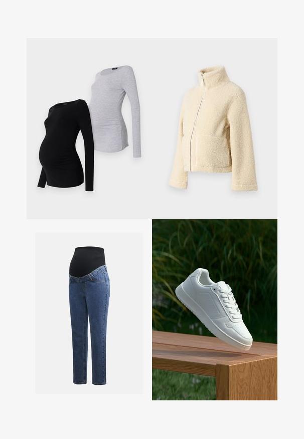 Krém színű plüss dzseki magas gallérral, elülső cipzárral és két folt zsebbel. Puha, textúrált felülettel és széles ujjakkal rendelkezik.; Két hosszú ujjú kismama felső: az egyik fekete, oldalt ráncolt részletekkel, a másik világosszürke, mindkettő puha, rugalmas anyagból.; Kismamaruhák kék farmer lábakkal és fekete rugalmas haspanellel, amely a növekvő pocakot támogatja és fedi.; Fehér sportcipő sima szintetikus felsőrésszel, perforált lábujjrész, lapos fűzőkkel és texturált talppal, fából készült felületen kihelyezve.