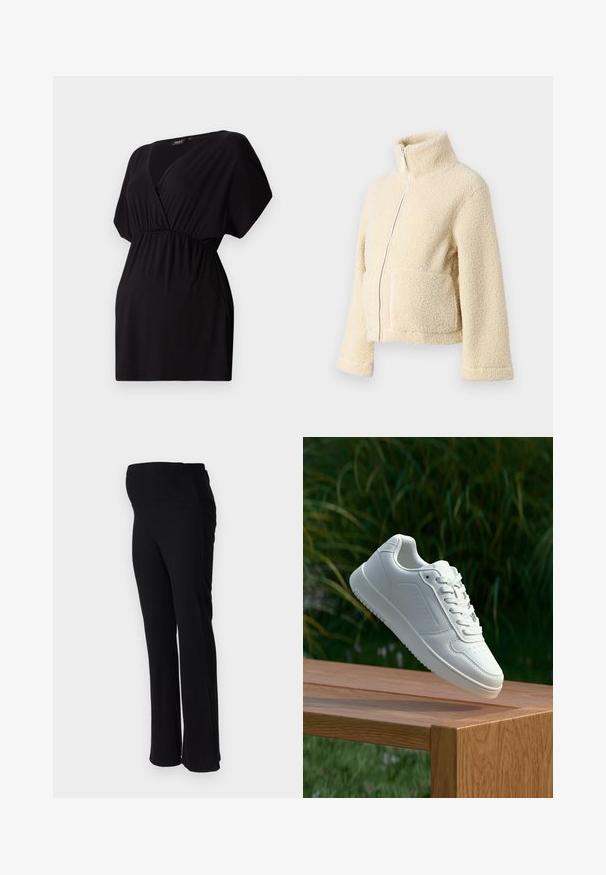 Kremfarget fleecejakke med høy krage, glidelås foran og to klaffelommer. Har en myk, teksturert overflate og vide ermer.; Svart T-skjorte med korte ermer laget av elastisk stoff, med V-hals og samlet elastisk midje for en avslappet passform. Enkelt design uten mønstre.; ONLY MATERNITY OLMHALLE - Bukse - black; Hvite sneakers med en glatt syntetisk overdel, perforert tåboks, flate snørebånd og en teksturert såle, vist på en treflate.