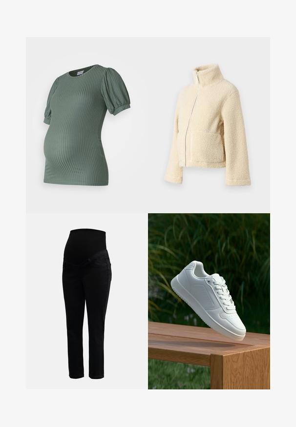 Kreemimust kampsun kõrge krae, ees tõmblukuga ja kahe kott-taskuga. Omab pehmet, tekstuuri pinnat ja laiu varrukaid.; MAMALICIOUS MLTRINITY - Lihtne T-särk - laurel wreath; Mustad rasedusjeansid, millel on veniv kõrge vöökoht ja kitsad sääred, disainitud mugavuse ja toe tagamiseks raseduse ajal.; Valged sneakerd, millel on sile sünteetiline ülemine osa, väikeste aukudega varvaskast, lamedad paelad ja tekstuuriga tald, eksponeeritud puidust pinnal.