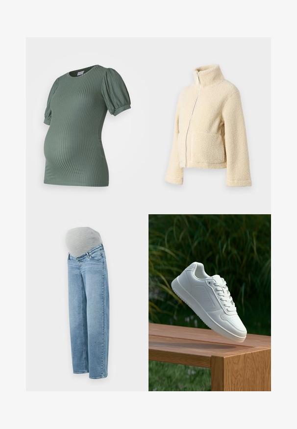 Jachetă din fleece crem, cu guler înalt, fermoar frontal și două buzunare aplicate. Are o suprafață moale și texturată și mâneci largi.; MAMALICIOUS MLTRINITY - Tricou basic - laurel wreath; Jeans de maternitate cu o nuanță de albastru deschis, croială lejeră și o bandă elastică gri pentru burtă, oferind confort și flexibilitate în timpul sarcinii.; Sneaker alb cu un upper sintetic neted, cu vârf perforat, șireturi plate și o talpă texturată, expus pe o suprafață de lemn.