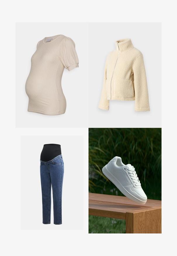 Kreemi fleesjakke, millel on kõrge krae, esipesu ja kaks lapitaskut. Omab pehmet, tekstuurset pinda ja laiu varrukasid.; Beige raskauspaita, jossa on ribbitekstuuri, lyhyet puffihihat ja pyöreä kaula-aukko, suunniteltu kasvavan vatsan mukauttamiseen.; Äitiysfarkut, joissa on siniset denimlahkeet ja musta joustava vatsapaneeli, joka on suunniteltu tukemaan ja peittämään kasvavaa vatsaa.; Valkoiset tennarit, joissa on sileä synteettinen päällinen, rei'itetty varvasosa, litteät nauhat ja teksturoitu pohja, esillä puupinnalla.