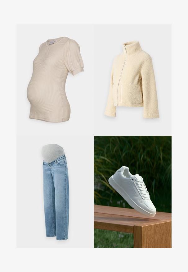 Creme fleecejakke med høj krave, frontlynlås og to påsyede lommer. Har en blød, struktureret overflade og brede ærmer.; Beige graviditetstop med ribbet tekstur, korte pufærmer og rund halsudskæring, designet til at rumme en voksende mave.; Graviditetsjeans med en lys blå vask, afslappet pasform og grå elastisk mavebånd for komfort og fleksibilitet under graviditeten.; Hvid sneaker med en glat syntetisk overdel, perforeret tåboks, flade snørebånd og en tekstureret sål, præsenteret på en træoverflade.