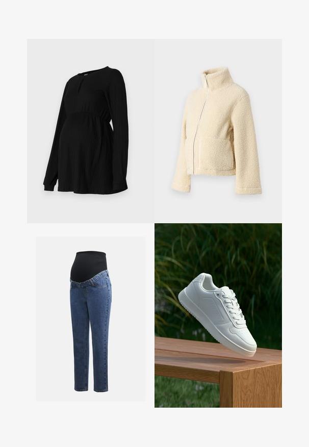 Kreemi fleesjakke, millel on kõrge krae, esipesu ja kaks lapitaskut. Omab pehmet, tekstuurset pinda ja laiu varrukasid.; Musta äitiysliivi, jossa on pitkät hihat, ribbitekstuuri, joustava vyötärö ja pyöreä kaula-aukko, jossa on pieni avainaukko yksityiskohta edessä.; Äitiysfarkut, joissa on siniset denimlahkeet ja musta joustava vatsapaneeli, joka on suunniteltu tukemaan ja peittämään kasvavaa vatsaa.; Valkoiset tennarit, joissa on sileä synteettinen päällinen, rei'itetty varvasosa, litteät nauhat ja teksturoitu pohja, esillä puupinnalla.