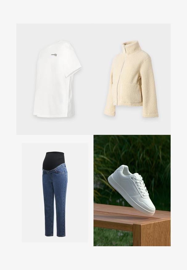 Krémová flísová bunda s vysokým golierom, predným zipsom a dvoma náprsními vreckami. Má mäkký, štruktúrovaný povrch a široké rukávy.; Biely bavlnený tričko s krátkymi rukávmi, voľným strihom, okrúhlym výstrihom a čiernym potlačeným textom "LOVELY LEMONADE CLUB."; Tehotenské jeansy s modrými denimovými nohavicami a čiernym elastickým brušným panelom navrhnuté na podporu a pokrytie rastúceho brucha.; Biele tenisky s hladkým syntetickým zvrškom, perforovanou špičkou, plochými šnúrkami a textúrovanou podrážkou, vystavené na drevenej ploche.