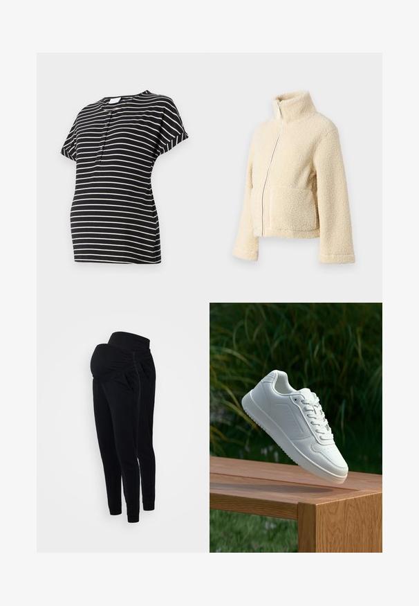 Chaqueta de forro polar crema con cuello alto, cremallera frontal y dos bolsillos de parche. Presenta una superficie suave y texturizada y mangas anchas.; Camiseta de maternidad a rayas negras y crema con mangas cortas, escote redondo y detalles de botones en la parte delantera. Tejido suave y elástico.; Joggers de maternidad negros con una cintura doblada, bolsillos laterales y un diseño de pierna ajustada. Elaborados con un tejido suave y elástico para mayor comodidad.; Zapatilla blanca con un upper sintético suave, caja de dedos perforada, cordones planos y una suela texturizada, exhibida sobre una superficie de madera.