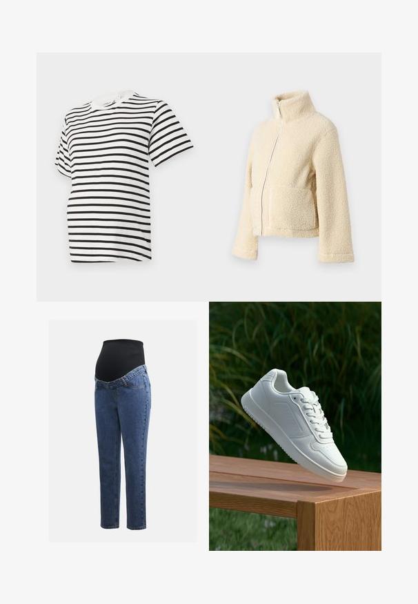 Cream fleece jacket with a high collar, front zipper, and two patch pockets. Features a soft, textured surface and wide sleeves.; Black and white striped t-shirt with short sleeves, round neckline, made of soft cotton fabric. Features even horizontal stripes and a relaxed fit.; Maternity jeans with blue denim legs and a black stretchy abdominal panel designed to support and cover a growing belly.; White sneaker with a smooth synthetic upper, perforated toe box, flat laces, and a textured sole, displayed on a wooden surface.