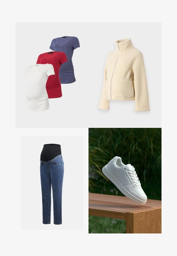 Krém színű plüss dzseki magas gallérral, elülső cipzárral és két folt zsebbel. Puha, textúrált felülettel és széles ujjakkal rendelkezik.; Három kismama póló fehér, piros és sötétkék színben. Mindegyik V-nyakú, rövid ujjú, és ráncolt oldalakkal rendelkezik a kényelmes illeszkedés és a rugalmasság érdekében.; Kismamaruhák kék farmer lábakkal és fekete rugalmas haspanellel, amely a növekvő pocakot támogatja és fedi.; Fehér sportcipő sima szintetikus felsőrésszel, perforált lábujjrész, lapos fűzőkkel és texturált talppal, fából készült felületen kihelyezve.