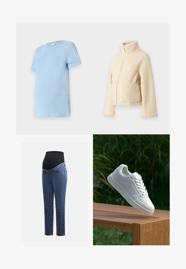 Krémová fleecová bunda s vysokým límcem, předním zipem a dvěma našitými kapsami. Vyznačuje se měkkým, texturovaným povrchem a širokými rukávy.; Světlomodré těhotenské tričko vyrobené z jemného bavlněného materiálu, s krátkými rukávy, kulatým výstřihem a volným střihem pro pohodlí.; Těhotenské džíny s modrými denimovými nohavicemi a černým elastickým břišním panelem navrženým tak, aby podporoval a zakrýval rostoucí bříško.; Bílé tenisky s hladkým syntetickým svrškem, perforovanou špičkou, plochými tkaničkami a texturovanou podrážkou, vystavené na dřevěném povrchu.