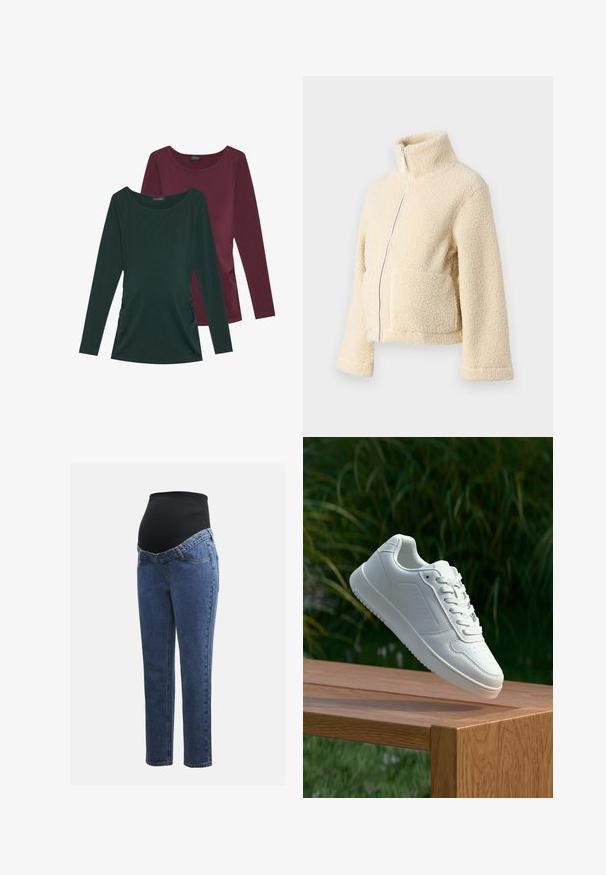 Kremfarget fleecejakke med høy krage, glidelås foran og to klaffelommer. Har en myk, teksturert overflate og vide ermer.; To lange ærmelige topper: en mørkegrønn og en burgunder. Begge har rund hals og siderykning, laget av myk stoff.; Graviditetsjeans med ben i blå denim og et svart elastisk magepanel designet for å støtte og dekke en voksende buk.; Hvite sneakers med en glatt syntetisk overdel, perforert tåboks, flate snørebånd og en teksturert såle, vist på en treflate.