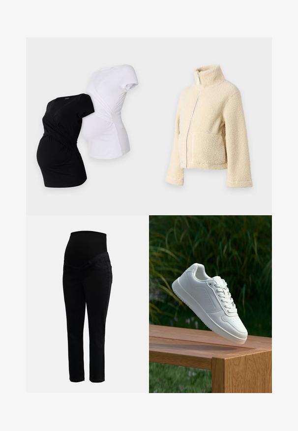 Crème fleece jacket met een hoge kraag, een rits aan de voorkant en twee grote zakken. Heeft een zachte, gestructureerde oppervlakte en brede mouwen.; Twee zwangerschaps-T-shirts, één zwart en één wit, met een crossover-design en korte mouwen met geplooide zijkanten.; Zwarte zwangerschapsjeans met een rekbare hoge tailleband en slanke pijpen, ontworpen voor comfort en ondersteuning tijdens de zwangerschap.; Witte sneaker met een gladde synthetische bovenkant, geperforeerde neus, platte veters en een gestructureerde zool, tentoongesteld op een houten oppervlak.