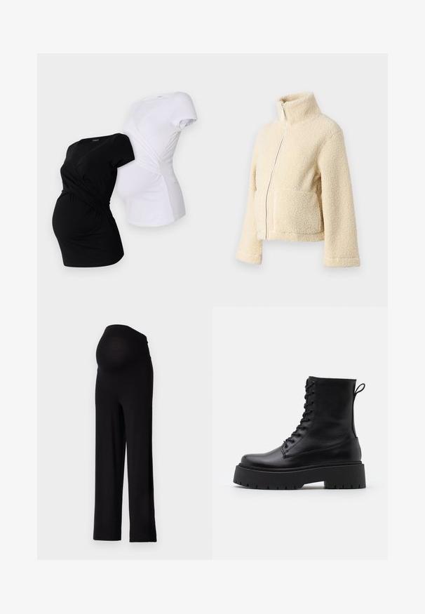 Kreemimust kampsun kõrge krae, ees tõmblukuga ja kahe kott-taskuga. Omab pehmet, tekstuuri pinnat ja laiu varrukaid.; Kaks rasedust-särk, üks must ja teine valge, millel on risti disain ning lühikesed varrukad, millel on kokkuvõetud külgede detailid.; Mustad mustus rasedate püksid, millel on veniv ja sobiv vöökoht ning laiad sääred. Valmistatud pehmest kangast, mis pakub mugavust ja tuge.; Mustad mustad nahast pahkluu saapad ümarate varvastega, nööridega esiosas ja paksu kummist talla ning tekstuuritud mustriga. Tagumine tõmbeaas.