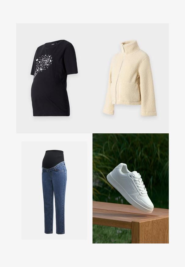 Krēms krāsas vilnas jaka ar augstu apkakli, priekšējo rāvējslēdzēju un divām kabatām. Tai ir mīksta, tekstūra virsma un plašas piedurknes.; Melnā grūtniecības t-kreklā ar īsām piedurknēm ir baltā grafika ar sirdīm un tekstu "Gatavojos dzemdēt". Izgatavots no mīksta kokvilnas materiāla.; Māmiņu džinsi ar zilu denima kājām un melnu elastīgu vēdera paneli, kas izstrādāts, lai atbalstītu un nosegtu augošu vēderu.; Baltie sporta apavi ar gludu sintētisku augšpusi, perforētu pirkstu daļu, plakani šņorēm un rakstainu zoli, novietoti uz koka virsmas.