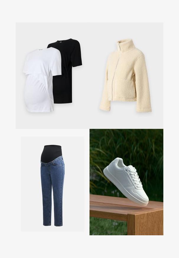 Chaqueta de forro polar crema con cuello alto, cremallera frontal y dos bolsillos de parche. Presenta una superficie suave y texturizada y mangas anchas.; Dos camisetas de maternidad: una blanca y una negra. Cada una presenta mangas cortas, un escote redondo y detalle de fruncidos en los laterales para mayor comodidad.; Jeans de maternidad con piernas de denim azul y un panel abdominal elástico negro diseñado para soportar y cubrir una barriga en crecimiento.; Zapatilla blanca con un upper sintético suave, caja de dedos perforada, cordones planos y una suela texturizada, exhibida sobre una superficie de madera.