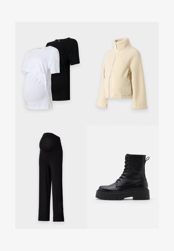 Kreemi fleesjakke, millel on kõrge krae, esipesu ja kaks lapitaskut. Omab pehmet, tekstuurset pinda ja laiu varrukasid.; Kaksi äitiys T-paitaa: yksi valkoinen ja yksi musta. Molemmissa on lyhyet hihat, pyöreä pääntie ja rypistetty sivusauma mukavuutta varten.; Mustat äidin housut, joissa on joustava, istuva vyötärö ja leveälahkeinen muotoilu. Valmistettu pehmeästä kankaasta, joka tarjoaa mukavuutta ja tukea.; Musta nahkainen nilkkureita, joissa on pyöreä kärki, nauhakiinnitys edessä ja paksu kumipohja, jossa on teksturoitu pinta. Takana vetotappi.