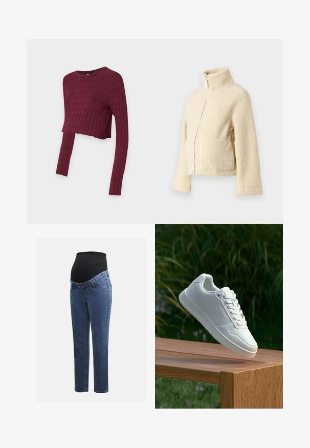 Κρέμα φλις ζακέτα με ψηλό γιακά, μπροστινό φερμουάρ και δύο τσέπες με λοξό καπάκι. Διαθέτει απαλή, υφασμένη επιφάνεια και φαρδιές μανσέτες.; Κο cropped μπλούζα μπορντώ με μακριά μανίκια και ριπ υφή. Στρογγυλή λαιμόκοψη και εφαρμοστό στυλ, με μακριές μανσέτες. Μαλακό, ελαστικό ύφασμα.; Μητρότητας τζιν με μπλε τζιν πόδια και μαύρη ελαστική κοιλιακή επιφάνεια σχεδιασμένη να στηρίζει και να καλύπτει μια αυξανόμενη κοιλιά.; Λευκό αθλητικό παπούτσι με λείο συνθετικό επάνω μέρος, περforατισμένη μύτη, επίπεδα κορδόνια και υφασμένη σόλα, εκτεθειμένο σε ξύλινη επιφάνεια.