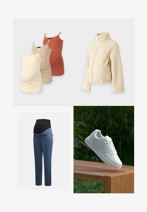 Krémová flísová bunda s vysokým golierom, predným zipsom a dvoma náprsními vreckami. Má mäkký, štruktúrovaný povrch a široké rukávy.; Tričko bez rukávov: jedno svetlo béžové, jedno tmavo béžové a jedno spáleno oranžové. Každé má tenké ramienka a zhrnutú textúru po stranách.; Tehotenské jeansy s modrými denimovými nohavicami a čiernym elastickým brušným panelom navrhnuté na podporu a pokrytie rastúceho brucha.; Biele tenisky s hladkým syntetickým zvrškom, perforovanou špičkou, plochými šnúrkami a textúrovanou podrážkou, vystavené na drevenej ploche.