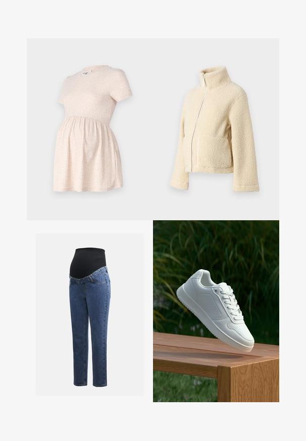 Jaqueta de fleece creme com gola alta, fecho frontal e dois bolsos de patch. Apresenta uma superfície suave e texturada e mangas largas.; Vestido de maternidade curto de manga curta em bege claro, com decote redondo, textura canelada e silhueta em A que flui a partir da cintura.; Jeans de maternidade com pernas em denim azul e um painel abdominal preto elástico projetado para suportar e cobrir uma barriga em crescimento.; Sapatilha branca com um cabedal sintético liso, caixa dos dedos perfurada, atacadores planos e uma sola texturizada, exposta sobre uma superfície de madeira.