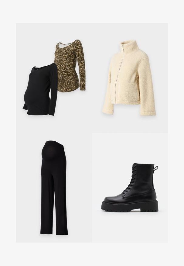 Krém színű plüss dzseki magas gallérral, elülső cipzárral és két folt zsebbel. Puha, textúrált felülettel és széles ujjakkal rendelkezik.; Két hosszú ujjú kismama felső: az egyik egyszínű fekete, a másik barna leopárdmintás, mindkettő mély dekoltázzsal és puha anyaggal rendelkezik.; Fekete kismama nadrág, rugalmas, testhezálló derékrésszel és széles lábazattal. Puha anyagból készült, kényelmet és támogatást nyújt.; Fekete bőr bokacsizma, kerek orral, fűzős elülső résszel és vastag, texturált gumitalppal. Húzófül hátul.