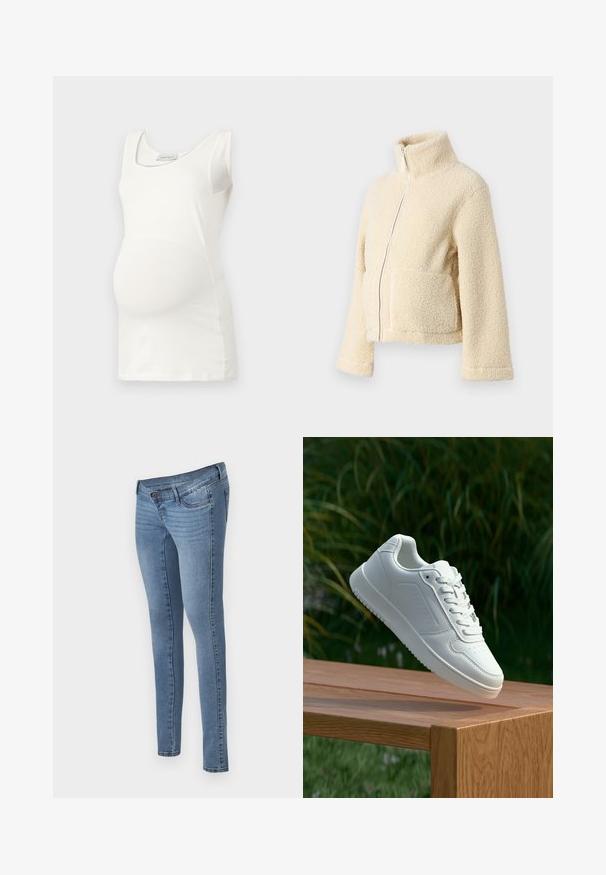 Krämfärgad fleecjacka med hög krage, framdragkedja och två fällfickor. Har en mjuk, texturerad yta och vida ärmar.; Vit graviditetstopp med rundad halsringning, ärmlös design och en åtsittande passform som framhäver en rundad mage. Mjuk tygtextur.; MAMALICIOUS MLAUKIE - Jeans Skinny Fit - medium blue denim; Vita sneakers med en slät syntetisk ovandel, perforerat tåparti, platta snören och en strukturerad sula, placerade på en träyta.