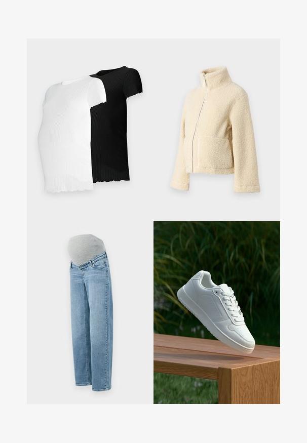 Creme fleecejakke med høj krave, frontlynlås og to påsyede lommer. Har en blød, struktureret overflade og brede ærmer.; To korte ribbede t-shirts med korte ærmer, en i hvid og den anden i sort, der har en bølget kant og en tætsiddende pasform.; Graviditetsjeans med en lys blå vask, afslappet pasform og grå elastisk mavebånd for komfort og fleksibilitet under graviditeten.; Hvid sneaker med en glat syntetisk overdel, perforeret tåboks, flade snørebånd og en tekstureret sål, præsenteret på en træoverflade.
