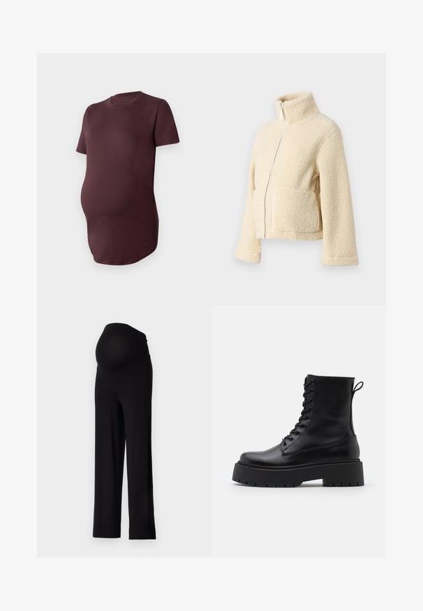 Giacca in pile color crema con colletto alto, zip frontale e due tasche applicate. Presenta una superficie morbida e testurizzata e maniche larghe.; Maglietta premaman a maniche corte in borgogna scuro, realizzata in tessuto morbido, presenta un collo rotondo e una vestibilità comoda per il massimo comfort.; Pantaloni da maternità neri con vita elasticizzata e design a gamba larga. Realizzati in un tessuto morbido, offrono comfort e supporto.; Stivaletti in pelle nera alla caviglia con punta rotonda, lace-up frontale e suola in gomma spessa con battistrada textured. Tassello sul retro.