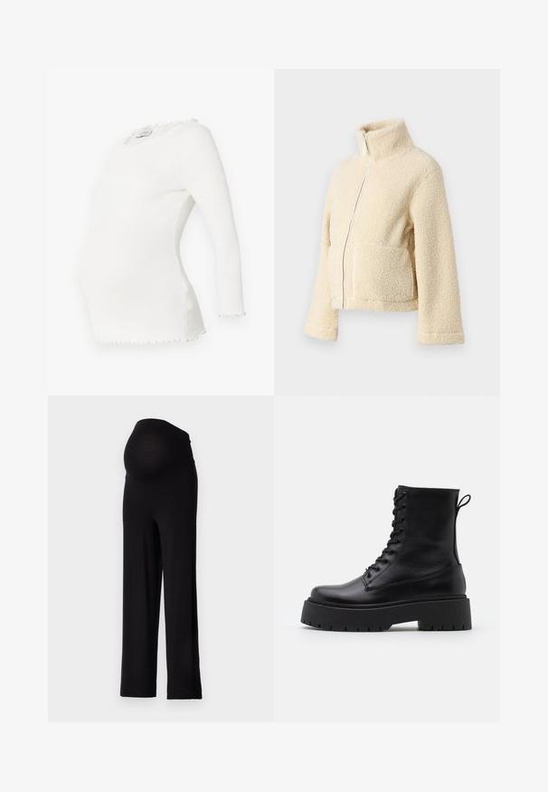 Jaqueta de fleece creme com gola alta, fecho frontal e dois bolsos de patch. Apresenta uma superfície suave e texturada e mangas largas.; Top de maternidade branco canelado com mangas longas, decote com babados e um design justo. Textura suave, acentuada para uma barriga em crescimento.; Calças de maternidade pretas com uma cintura elástica e ajustada e um design de perna larga. Feitas de um tecido macio, oferecendo conforto e suporte.; Botas de couro pretas até ao tornozelo, com bico redondo, atacador na frente e uma sola de borracha espessa com um padrão texturizado. Alça na parte de trás.
