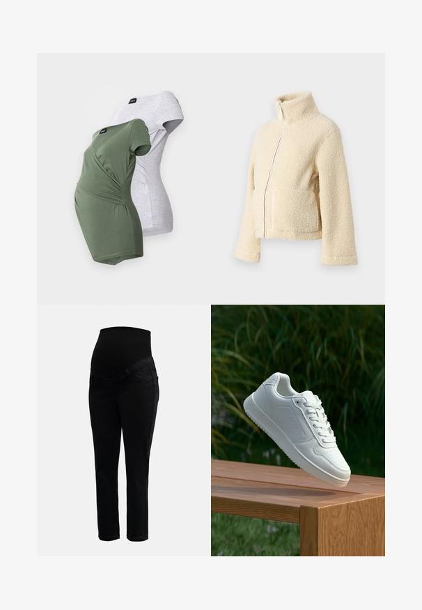 Kremfarget fleecejakke med høy krage, glidelås foran og to klaffelommer. Har en myk, teksturert overflate og vide ermer.; Graviditets-T-skjorter i olivengrønn og lysegrå. Begge har korte ermer, omslagsdesign og samlesøm detaljer på sidene.; Svarte graviditetsjeans med elastisk høy midje og smale ben, designet for komfort og støtte under graviditeten.; Hvite sneakers med en glatt syntetisk overdel, perforert tåboks, flate snørebånd og en teksturert såle, vist på en treflate.