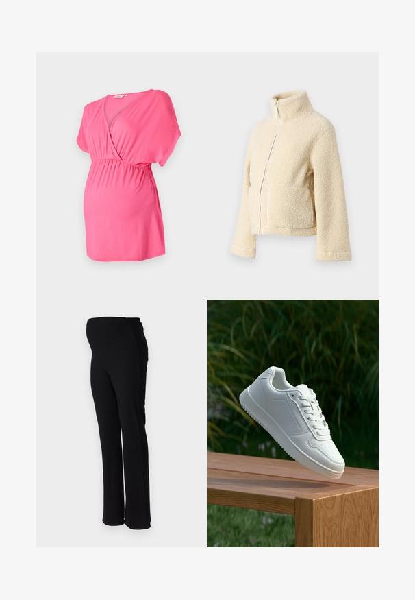 Kremfarget fleecejakke med høy krage, glidelås foran og to klaffelommer. Har en myk, teksturert overflate og vide ermer.; Rosa graviditetstopp laget av myk stoff, med en crossover V-halsdesign, korte ermer og en elastisk midje for komfort.; ONLY MATERNITY OLMHALLE - Bukse - black; Hvite sneakers med en glatt syntetisk overdel, perforert tåboks, flate snørebånd og en teksturert såle, vist på en treflate.