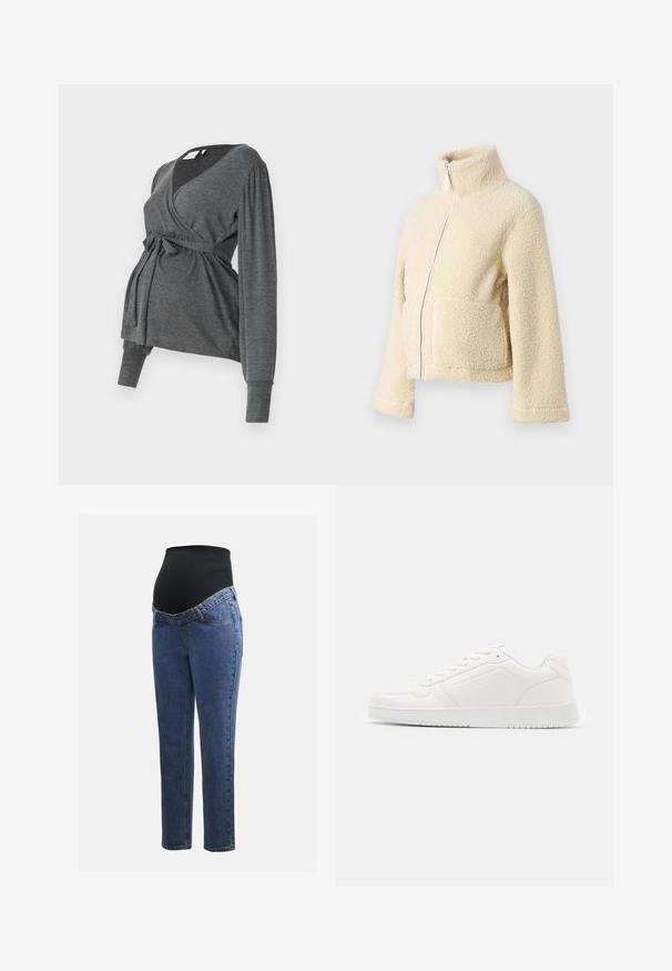 Cream fleece jacket with a high collar, front zipper, and two patch pockets. Features a soft, textured surface and wide sleeves.; Gray, long-sleeve wrap top made of soft material, featuring a v-neck and a tied waist. The sleeves have a slight puff detail.; Maternity jeans with blue denim legs and a black stretchy abdominal panel designed to support and cover a growing belly.; White sneaker made of smooth synthetic material, featuring a rounded toe, lace-up design, flat sole, and subtle perforated detailing.