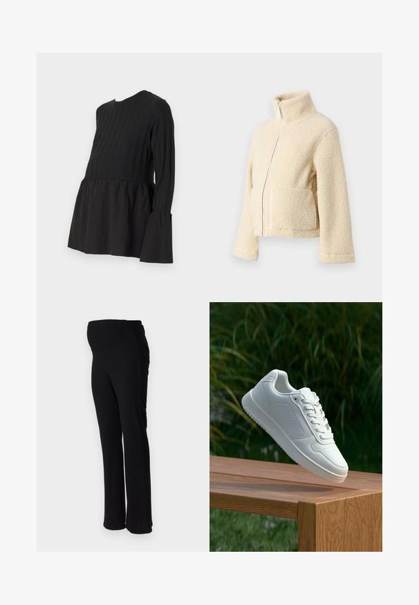 Kreemimust kampsun kõrge krae, ees tõmblukuga ja kahe kott-taskuga. Omab pehmet, tekstuuri pinnat ja laiu varrukaid.; Mustaline mustehalliga rasedustop, millel on tekstuuriga triibuline ülemine osa ja sile, reljeefne alumine pool, millel on kellukesed varrukad.; ONLY MATERNITY OLMHALLE - Püksid - black; Valged sneakerd, millel on sile sünteetiline ülemine osa, väikeste aukudega varvaskast, lamedad paelad ja tekstuuriga tald, eksponeeritud puidust pinnal.