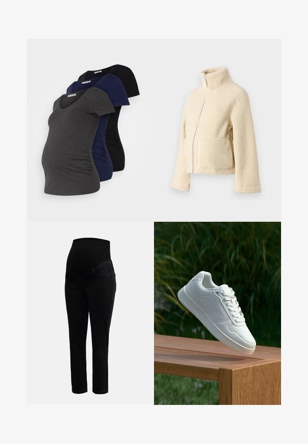 Jaqueta de fleece creme com gola alta, fecho frontal e dois bolsos de patch. Apresenta uma superfície suave e texturada e mangas largas.; Três t-shirts de maternidade em cinza escuro, azul-marinho e preto, com decote em V, mangas curtas e costuras laterais franzidas para maior elasticidade.; Calças de maternidade pretas com cintura alta elástica e pernas slim-fit, projetadas para oferecer conforto e apoio durante a gravidez.; Sapatilha branca com um cabedal sintético liso, caixa dos dedos perfurada, atacadores planos e uma sola texturizada, exposta sobre uma superfície de madeira.