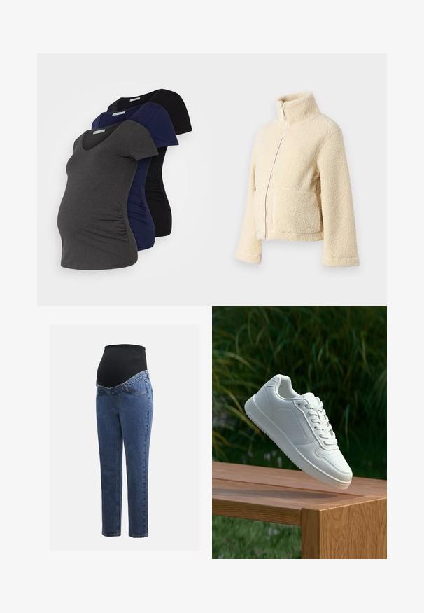 Jaqueta de fleece creme com gola alta, fecho frontal e dois bolsos de patch. Apresenta uma superfície suave e texturada e mangas largas.; Três t-shirts de maternidade em cinza escuro, azul-marinho e preto, com decote em V, mangas curtas e costuras laterais franzidas para maior elasticidade.; Jeans de maternidade com pernas em denim azul e um painel abdominal preto elástico projetado para suportar e cobrir uma barriga em crescimento.; Sapatilha branca com um cabedal sintético liso, caixa dos dedos perfurada, atacadores planos e uma sola texturizada, exposta sobre uma superfície de madeira.