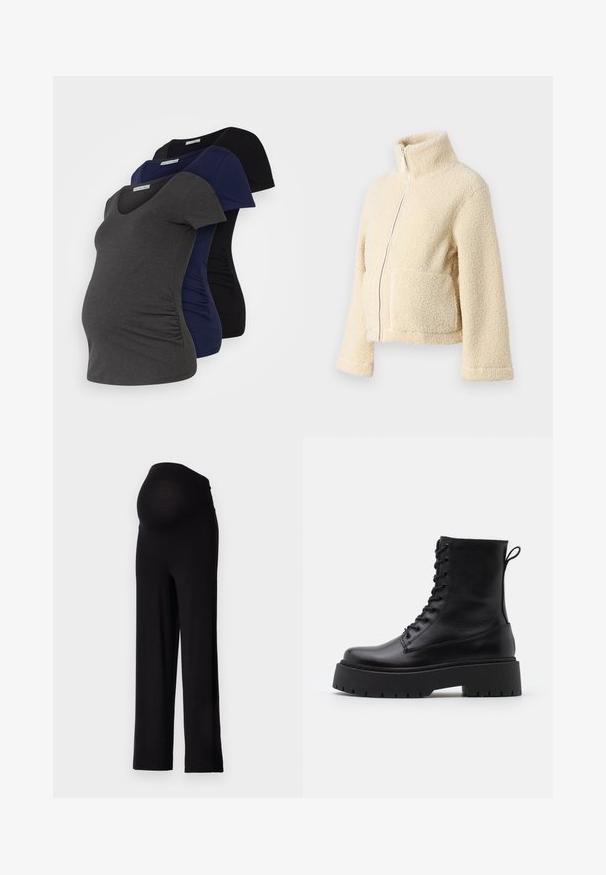 Jaqueta de fleece creme com gola alta, fecho frontal e dois bolsos de patch. Apresenta uma superfície suave e texturada e mangas largas.; Três t-shirts de maternidade em cinza escuro, azul-marinho e preto, com decote em V, mangas curtas e costuras laterais franzidas para maior elasticidade.; Calças de maternidade pretas com uma cintura elástica e ajustada e um design de perna larga. Feitas de um tecido macio, oferecendo conforto e suporte.; Botas de couro pretas até ao tornozelo, com bico redondo, atacador na frente e uma sola de borracha espessa com um padrão texturizado. Alça na parte de trás.