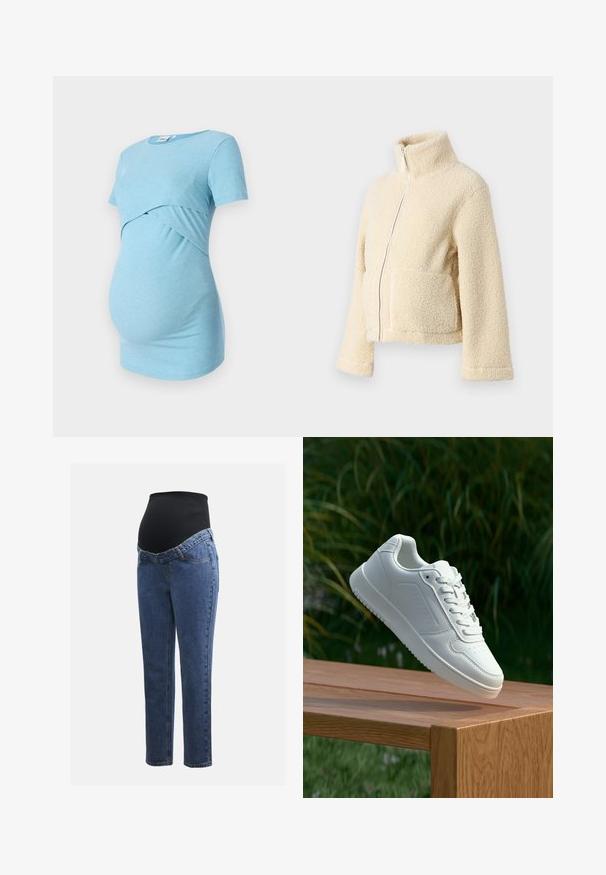 Krēms krāsas vilnas jaka ar augstu apkakli, priekšējo rāvējslēdzēju un divām kabatām. Tai ir mīksta, tekstūra virsma un plašas piedurknes.; Gaiši zils ribots grūtnieču tops ar īsām piedurknēm un pārklājošu dizainu jostasvietā, izstrādāts komfortam un elastīgumam.; Māmiņu džinsi ar zilu denima kājām un melnu elastīgu vēdera paneli, kas izstrādāts, lai atbalstītu un nosegtu augošu vēderu.; Baltie sporta apavi ar gludu sintētisku augšpusi, perforētu pirkstu daļu, plakani šņorēm un rakstainu zoli, novietoti uz koka virsmas.