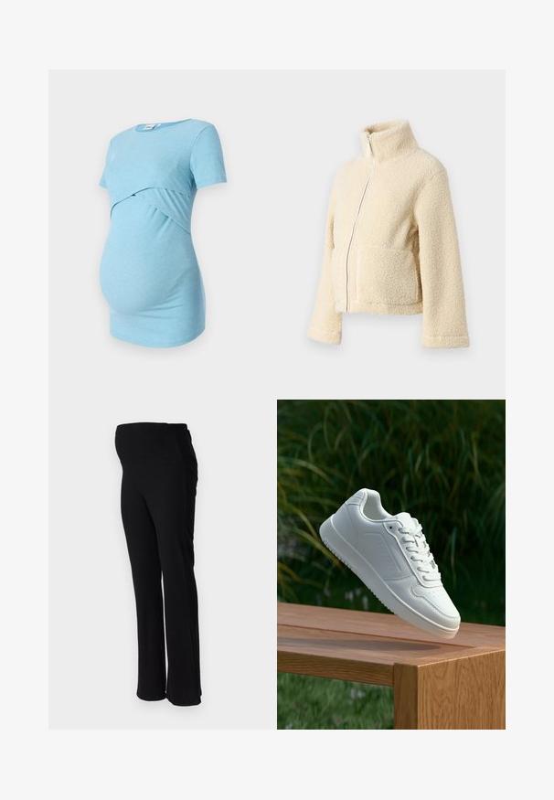 Creme fleecejakke med høj krave, frontlynlås og to påsyede lommer. Har en blød, struktureret overflade og brede ærmer.; Lyseblå ribbet gravide top med korte ærmer og krydsdesign ved taljen, designet til komfort og stræk.; ONLY MATERNITY OLMHALLE - Bukser - black; Hvid sneaker med en glat syntetisk overdel, perforeret tåboks, flade snørebånd og en tekstureret sål, præsenteret på en træoverflade.