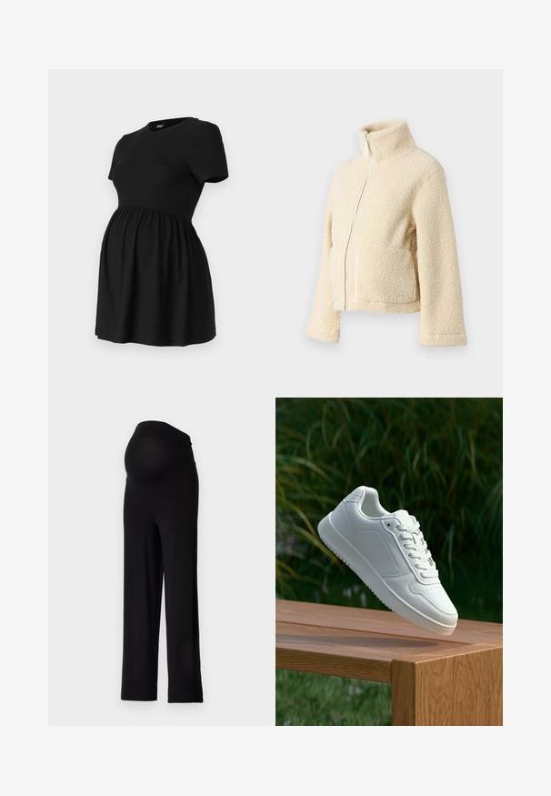 Jaqueta de fleece creme com gola alta, fecho frontal e dois bolsos de patch. Apresenta uma superfície suave e texturada e mangas largas.; ONLY MATERNITY OLMMALAYA - T-shirt básica - black; Calças de maternidade pretas com uma cintura elástica e ajustada e um design de perna larga. Feitas de um tecido macio, oferecendo conforto e suporte.; Sapatilha branca com um cabedal sintético liso, caixa dos dedos perfurada, atacadores planos e uma sola texturizada, exposta sobre uma superfície de madeira.