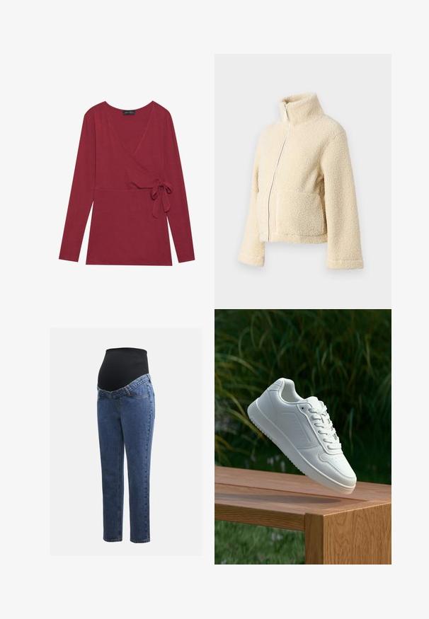 Jaqueta de fleece creme com gola alta, fecho frontal e dois bolsos de patch. Apresenta uma superfície suave e texturada e mangas largas.; Top de manga longa, com estilo envolvente, em tecido vermelho profundo. Apresenta um decote em V e um detalhe de laço lateral. Textura suave e silhueta ajustada.; Jeans de maternidade com pernas em denim azul e um painel abdominal preto elástico projetado para suportar e cobrir uma barriga em crescimento.; Sapatilha branca com um cabedal sintético liso, caixa dos dedos perfurada, atacadores planos e uma sola texturizada, exposta sobre uma superfície de madeira.