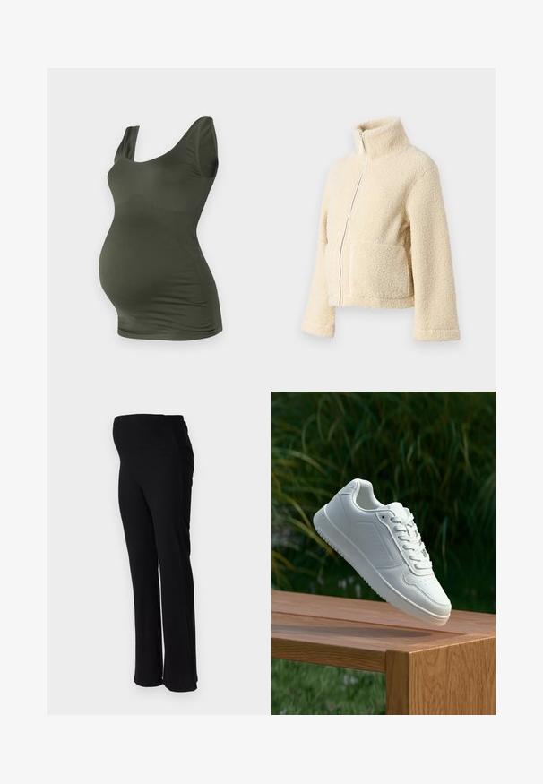 Κρέμα φλις ζακέτα με ψηλό γιακά, μπροστινό φερμουάρ και δύο τσέπες με λοξό καπάκι. Διαθέτει απαλή, υφασμένη επιφάνεια και φαρδιές μανσέτες.; MAMALICIOUS MLHEAL TANK - Μπλούζα - duffel bag; ONLY MATERNITY OLMHALLE - Παντελόνι - black; Λευκό αθλητικό παπούτσι με λείο συνθετικό επάνω μέρος, περforατισμένη μύτη, επίπεδα κορδόνια και υφασμένη σόλα, εκτεθειμένο σε ξύλινη επιφάνεια.