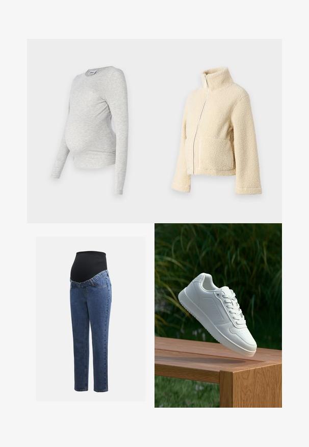Krém színű plüss dzseki magas gallérral, elülső cipzárral és két folt zsebbel. Puha, textúrált felülettel és széles ujjakkal rendelkezik.; Szürke, hosszú ujjú kismama felső, kerek nyakkivágással, puha, rugalmas anyagból készült, oldalsó redőzéssel a formás megjelenés érdekében.; Kismamaruhák kék farmer lábakkal és fekete rugalmas haspanellel, amely a növekvő pocakot támogatja és fedi.; Fehér sportcipő sima szintetikus felsőrésszel, perforált lábujjrész, lapos fűzőkkel és texturált talppal, fából készült felületen kihelyezve.