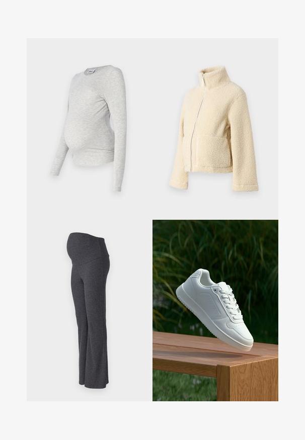 Cream fleece jacket with a high collar, front zipper, and two patch pockets. Features a soft, textured surface and wide sleeves.; Gray long-sleeve maternity top with a round neckline, made of soft, stretchy fabric, featuring side ruching for a fitted look.; ONLY MATERNITY OLMHALLE - Trousers - dark grey; White sneaker with a smooth synthetic upper, perforated toe box, flat laces, and a textured sole, displayed on a wooden surface.