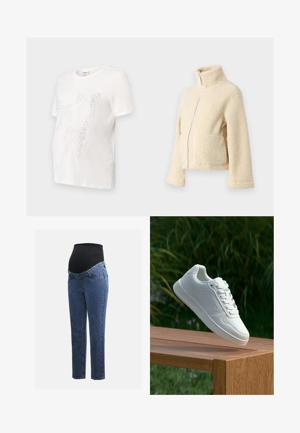 Kremowa polarowa kurtka z wysokim kołnierzem, zamek błyskawiczny z przodu i dwiema kieszeniami naszytymi. Posiada miękką, teksturowaną powierzchnię i szerokie rękawy.; Biała bawełniana koszulka z krótkim rękawem, z motywem liści wyrysowanych małymi metalicznymi ćwiekami. Okrągły dekolt, luźny krój.; Spodnie ciążowe z niebieskimi nogawkami z denimu i czarną elastyczną tablicą brzuszną, zaprojektowane w celu wsparcia i pokrycia rosnącego brzucha.; Biały sneaker z gładką syntetyczną cholewą, perforowanym noskiem, płaskimi sznurowadłami i teksturowaną podeszwą, wyeksponowany na drewnianej powierzchni.