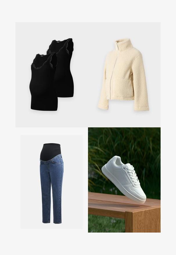 Krémová flísová bunda s vysokým golierom, predným zipsom a dvoma náprsními vreckami. Má mäkký, štruktúrovaný povrch a široké rukávy.; Čierne tehotenské tielka s výstrihom do tvaru lodičky a čipkovým lemovaním, vyrobené z mäkkej, elastickej tkaniny, navrhnuté na pohodlie a prispôsobenie.; Tehotenské jeansy s modrými denimovými nohavicami a čiernym elastickým brušným panelom navrhnuté na podporu a pokrytie rastúceho brucha.; Biele tenisky s hladkým syntetickým zvrškom, perforovanou špičkou, plochými šnúrkami a textúrovanou podrážkou, vystavené na drevenej ploche.