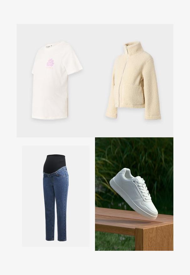 Creme fleecejakke med høj krave, frontlynlås og to påsyede lommer. Har en blød, struktureret overflade og brede ærmer.; Kortærmet t-shirt med rund hals i off-white bomuld, der har et pastelfarvet rosa blomstermotiv på brystet og en afslappet pasform.; Graviditetsjeans med ben i blå denim og en sort strækbare abdominalpanel designet til at støtte og dække en voksende mave.; Hvid sneaker med en glat syntetisk overdel, perforeret tåboks, flade snørebånd og en tekstureret sål, præsenteret på en træoverflade.