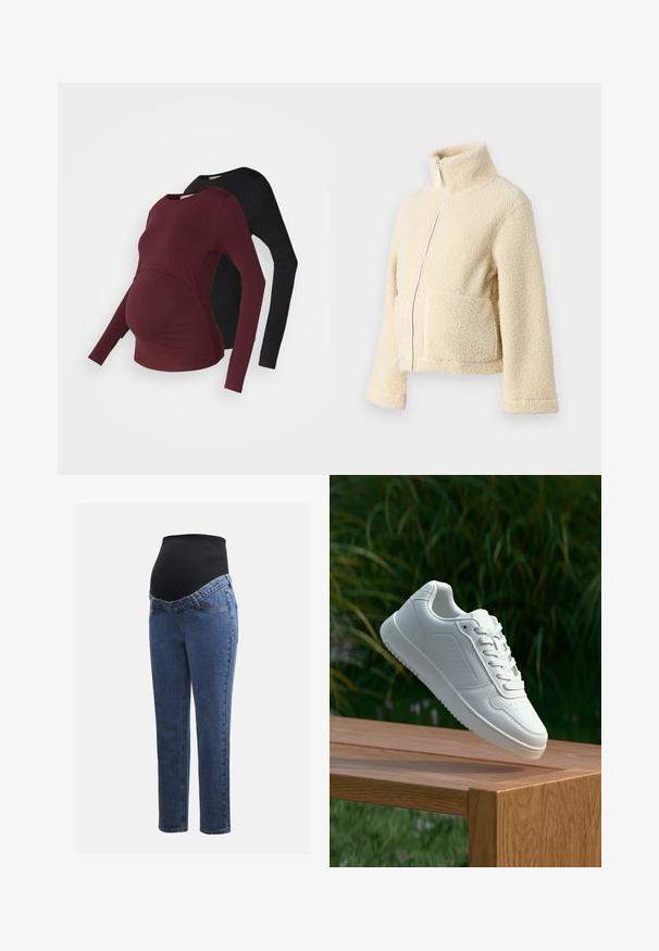 Kreemi fleesjakke, millel on kõrge krae, esipesu ja kaks lapitaskut. Omab pehmet, tekstuurset pinda ja laiu varrukasid.; Raskaat pitkät hihaiset äitiyspaidat viininpunaisena ja mustana. Pehmeä kangas, jossa on kaareva etuosan muotoilu joustavuuden lisäämiseksi. Pyöreät kaula-aukot ja istuvat hihat.; Äitiysfarkut, joissa on siniset denimlahkeet ja musta joustava vatsapaneeli, joka on suunniteltu tukemaan ja peittämään kasvavaa vatsaa.; Valkoiset tennarit, joissa on sileä synteettinen päällinen, rei'itetty varvasosa, litteät nauhat ja teksturoitu pohja, esillä puupinnalla.