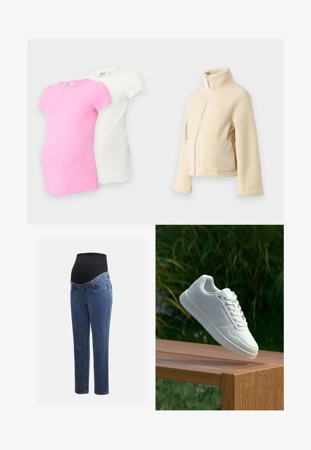 Krémová fleecová bunda s vysokým límcem, předním zipem a dvěma našitými kapsami. Vyznačuje se měkkým, texturovaným povrchem a širokými rukávy.; Dvě těhotenské trička v růžové a bílé barvě, obě z žebrované látky, s krátkým rukávem, s vlnitým lemem a kulatým výstřihem.; Těhotenské džíny s modrými denimovými nohavicemi a černým elastickým břišním panelem navrženým tak, aby podporoval a zakrýval rostoucí bříško.; Bílé tenisky s hladkým syntetickým svrškem, perforovanou špičkou, plochými tkaničkami a texturovanou podrážkou, vystavené na dřevěném povrchu.