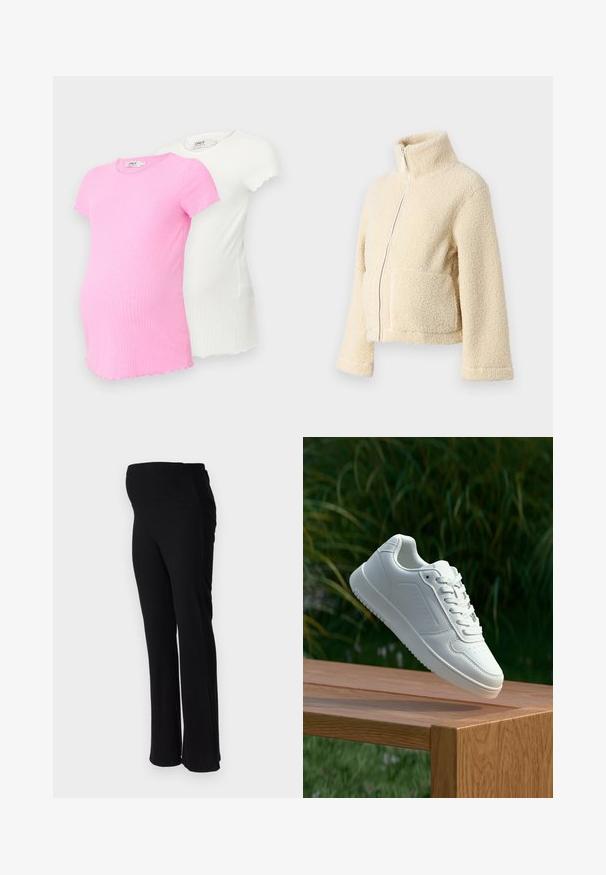 Kremo spalvos pūkinė striukė su aukštu apykakle, priekyje užtrauktuku ir dviem kišenėmis. Yra minkštas, tekstūruotas paviršius ir plačios rankovės.; Du švarkai nėštumo metu, rožinės ir baltos spalvos, abu su smulkia tekstūra, trumpomis rankovėmis, su banguotais kraštais ir apykakle.; ONLY MATERNITY OLMHALLE - Kelnės - black; Balti sneakeriai su lygia sintetine viršutine dalimi, perforuota pirštų zona, plokščiomis raištelėmis ir tekstūruotu padu, padėti ant medinės paviršiaus.