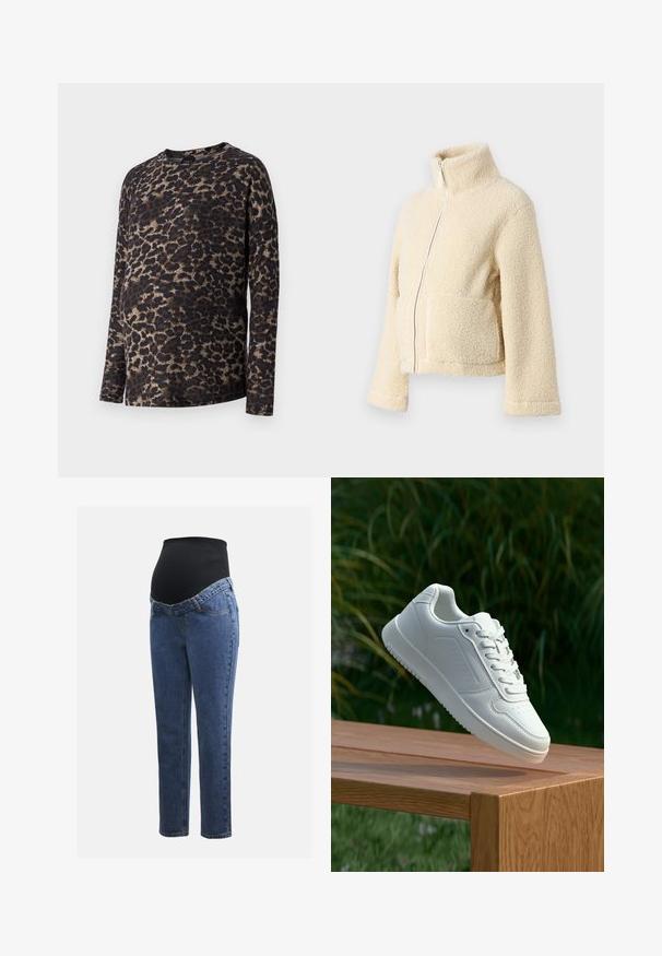 Crème fleece jacket met een hoge kraag, een rits aan de voorkant en twee grote zakken. Heeft een zachte, gestructureerde oppervlakte en brede mouwen.; Langarm top met een luipaardprint, featuring een ronde halslijn en zachte stof. De primaire kleuren zijn zwart en bruin met lichte beige accenten.; Zwangerschapsjeans met blauwe denim benen en een zwart rekbaar buikpaneel, ontworpen om een groeiende buik te ondersteunen en te bedekken.; Witte sneaker met een gladde synthetische bovenkant, geperforeerde neus, platte veters en een gestructureerde zool, tentoongesteld op een houten oppervlak.